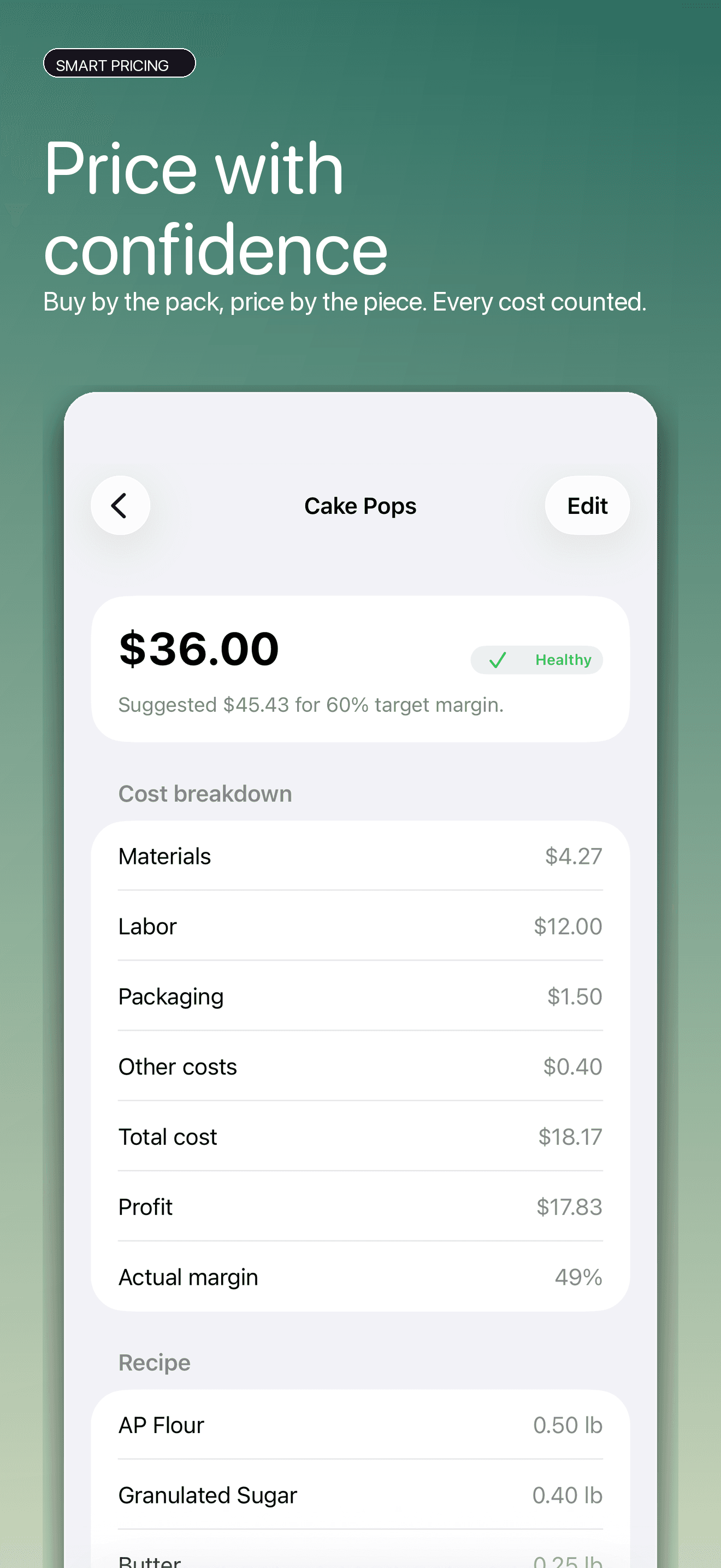 Product pricing screen with cost breakdown and suggested price