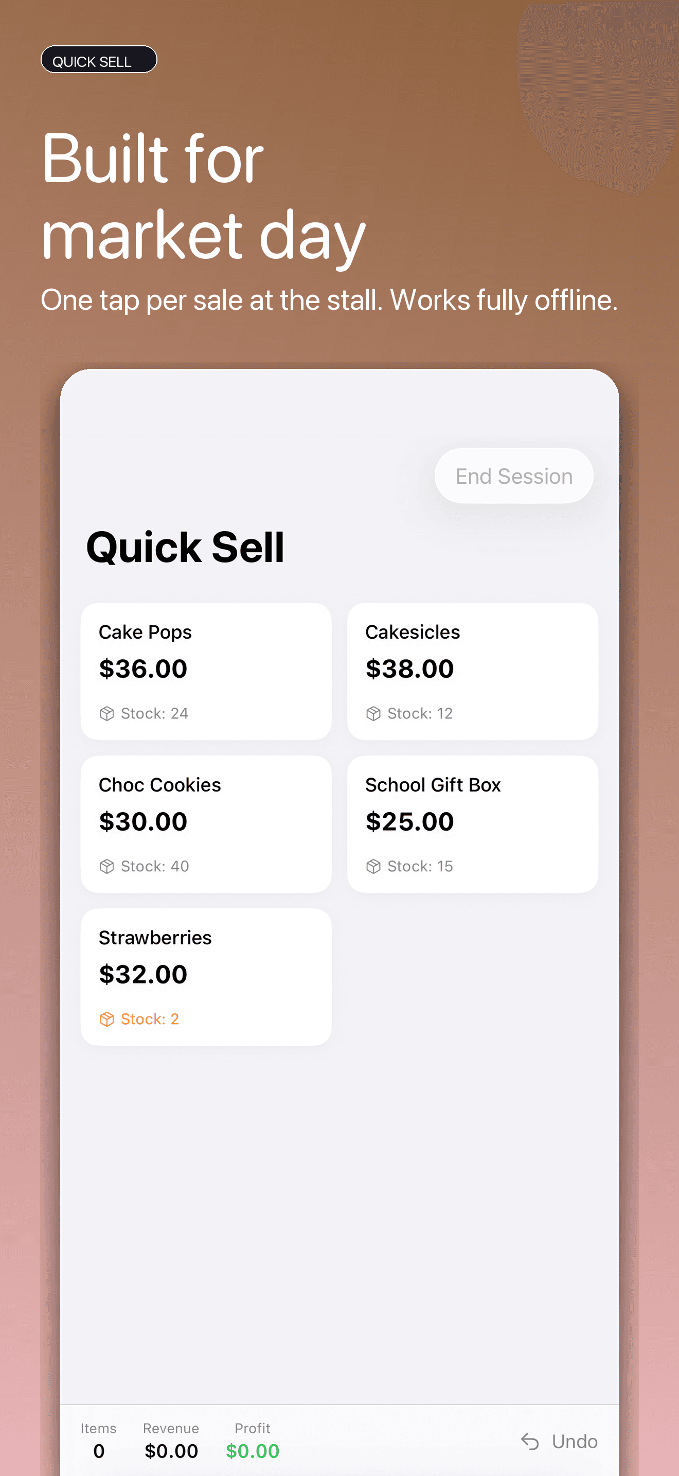 Quick Sell screen for one-tap sales on market day